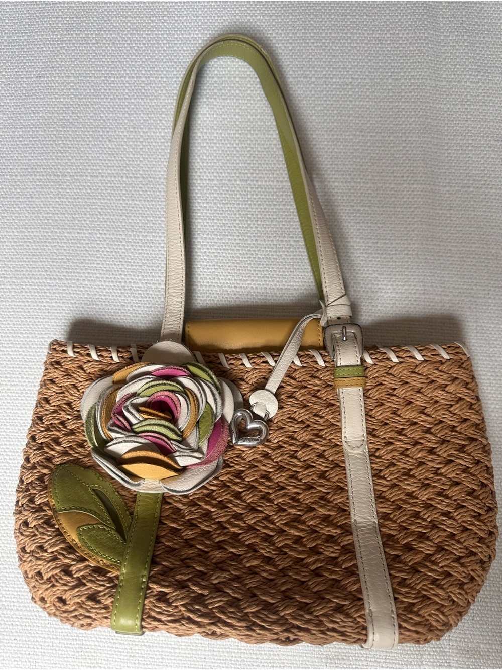 Brighton Woven Straw shoulder Bag with Multicolor Flower Accent - Beige & Green